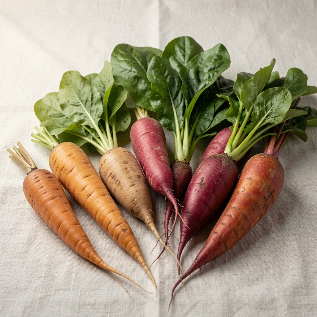 Seasonal root vegetables and leafy greens arranged on a pale linen surface, editorial still life