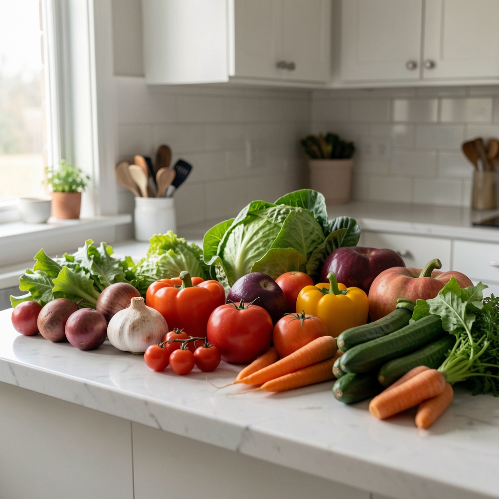 Kitchen counter with fresh seasonal vegetables arranged in natural morning light, editorial composition